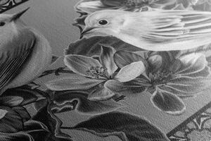 Obraz czarno-białe ptaki i kwiaty w stylu vintage