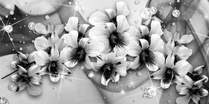Obraz czarno-białe kwiaty na abstrakcyjnym tle