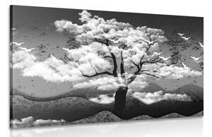 Obraz czarno-białe drzewo pokryte chmurami