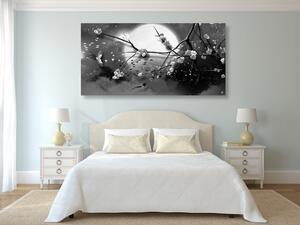 Obraz gałęzie drzew pod księżycem w pełni w wersji czarno-białej