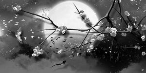 Obraz gałęzie drzew pod księżycem w pełni w wersji czarno-białej