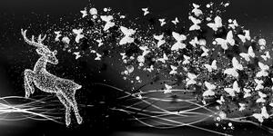Obraz piękny jeleń z motylami w wersji czarno-białej