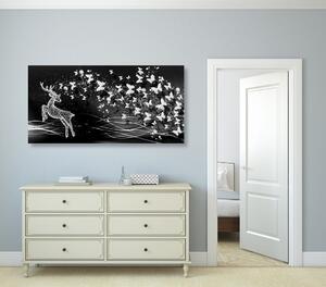 Obraz piękny jeleń z motylami w wersji czarno-białej