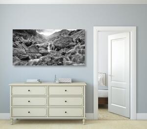 Obraz wodospady wysokogórskie w wersji czarno-białej