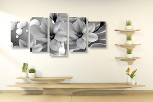 5-częściowy obraz czarna i biała magnolia na abstrakcyjnym tle