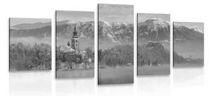 5-częściowy obraz kościół nad jeziorem Bled w Słowenii w wersji czarno-białej