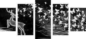 5-częściowy obraz piękny jeleń z motylami w wersji czarno-białej
