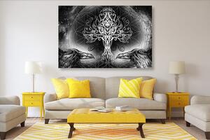 Obraz kruki i drzewo życia w wersji czarno-białej