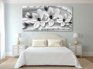Obraz luksusowa magnolia z perłami w wersji czarno-białej