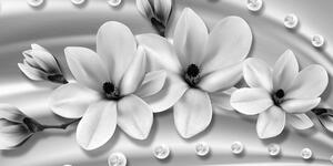 Obraz luksusowa magnolia z perłami w wersji czarno-białej