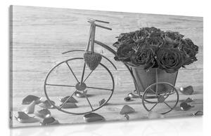 Obraz rower pełen róż w wersji czarno-białej