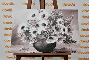 Obraz olejny przedstawiający letnie kwiaty w wersji czarno-białej