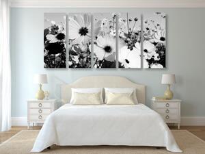 5-częściowy obraz łąka wiosennych kwiatów w wersji czarno-białej
