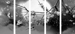 5-częściowy obraz konary drzew przy pełni księżyca w wersji czarno-białej