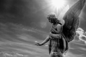 Obraz piękny czarno-biały anioł na niebie
