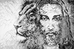 Obraz wszechmogący z lwem w wersji czarno-białej