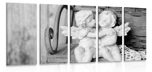 5-częściowy obraz figurki aniołków na ławce w wersji czarno-białej