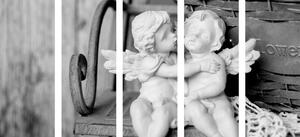 5-częściowy obraz figurki aniołków na ławce w wersji czarno-białej
