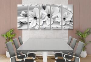 5-częściowy obraz luksusowa magnolia z perłami w wersji czarno-białej