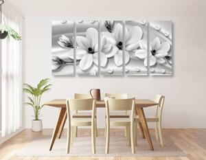 5-częściowy obraz luksusowa magnolia z perłami w wersji czarno-białej
