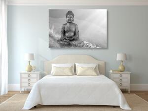 Obraz posąg Buddy w pozycji medytacyjnej w wersji czarno-białej