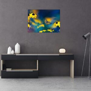 Obraz - Żółty motyl z kwiatami (70x50 cm)