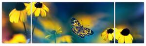 Obraz - Żółty motyl z kwiatami (170x50 cm)
