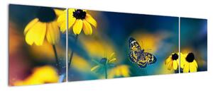 Obraz - Żółty motyl z kwiatami (170x50 cm)