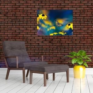 Obraz - Żółty motyl z kwiatami (70x50 cm)