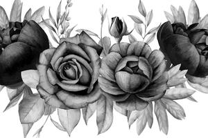 Obraz urocze połączenie kwiatów i liści w wersji czarno-białej