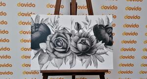 Obraz urocze połączenie kwiatów i liści w wersji czarno-białej