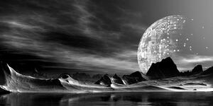 Obraz futurystyczna planeta w wersji czarno-białej