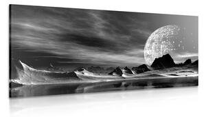 Obraz futurystyczna planeta w wersji czarno-białej