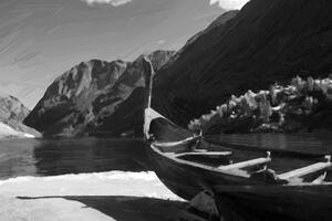Obraz drewniany statek wikingów w wersji czarno-białej