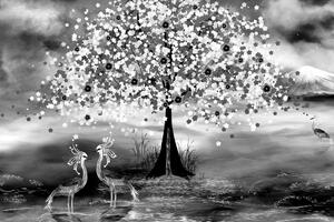 Obraz czaple pod magicznym drzewem w wersji czarno-białej