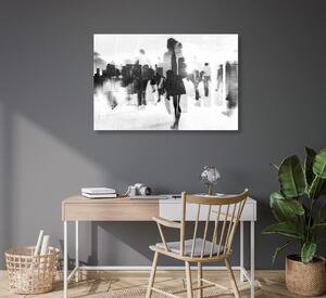 Obraz sylwetki ludzi w dużym mieście w wersji czarno-białej