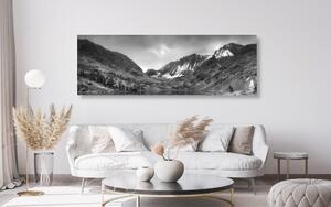 Obraz majestatyczne góry z jeziorem w wersji czarno-białej