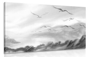Obraz ptaki lecące nad krajobrazem w wersji czarno-białej