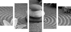 5-częściowy obraz Ogród Zen i kamienie w piasku w czarnobiałym kolorze