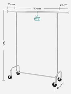 Wieszak na ubrania IRENE na kółkach, max. 130 kg, 150x45x160 cm, srebrny SongmicsHome