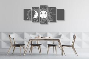 5-częściowy obraz harmonia słońca i księżyca w czarnobiałym kolorze