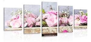5-częściowy obraz kwiaty goździków w drewnianej doniczce