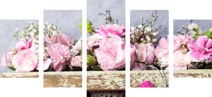 5-częściowy obraz kwiaty goździków w drewnianej doniczce