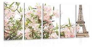 5-częściowy obraz Wieża Eiffla i różowe kwiaty
