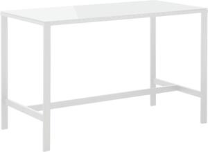 Biały stół lub biurko ze szklanym blatem i metalową ramą