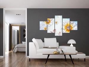 Obraz - Kompozycja z kwiatami i motylami (125x70 cm)