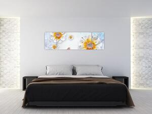 Obraz - Kompozycja z kwiatami i motylami (170x50 cm)
