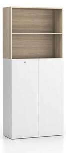 Szafa biurowa SEGMENT 2-drzwiowa, zamykana, 4 półki, 840 x 370 x 1880 mm, biały / naturalny dąb