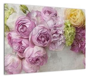 Obraz - Kwiaty na ścianie w pastelowych kolorach (70x50 cm)