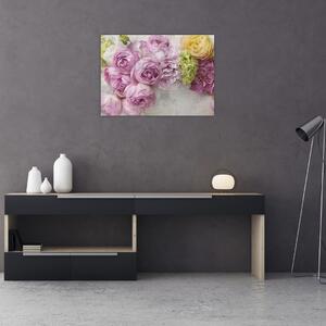 Obraz - Kwiaty na ścianie w pastelowych kolorach (70x50 cm)